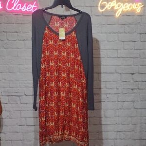 Suzanne Betro Red and Gray Long Sleeve Dress NWT